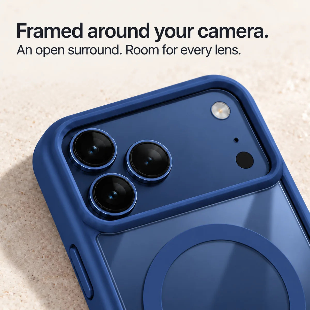 Dark blue phone case frame surrounding the wide rear camera opening. #color_Deep Blue