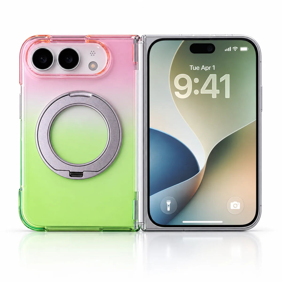 Pink and green gradient magnetic ring stand case on a silver folding phone, shown open with rear and outer display.