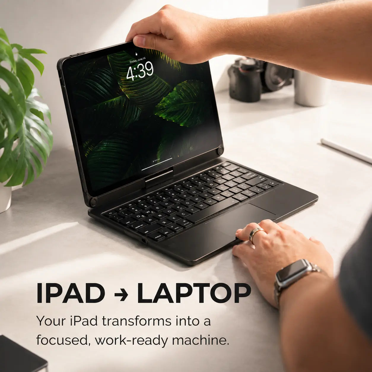 iPad keyboard case with 360 degree rotation and flexible viewing angles