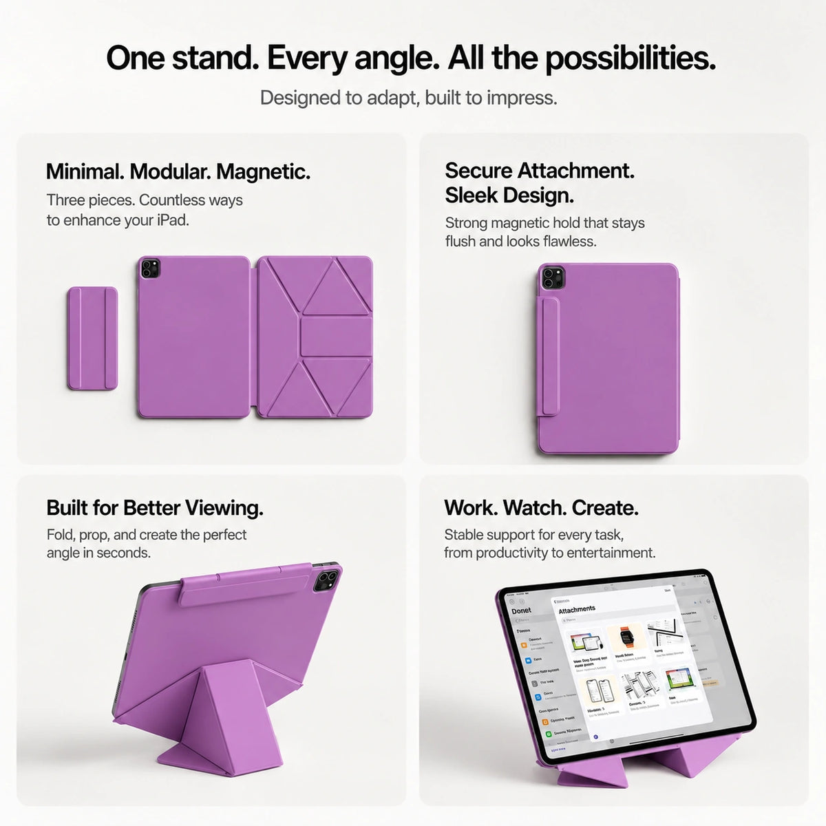 Lavender folding magnetic tablet stand showing modular stand components #color_Lavender