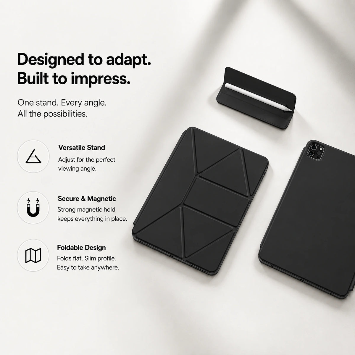 Midnight Black folding magnetic tablet stand folded flat with its components #color_Midnight Black
