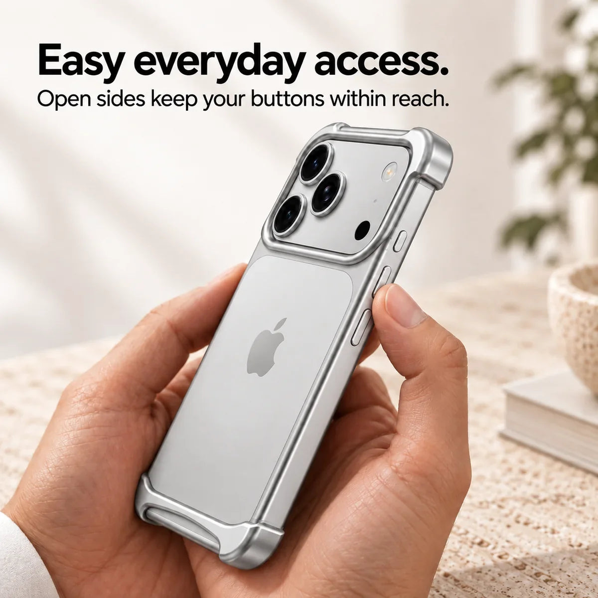 Silver metal phone bumper held in hand showing access to the side buttons #color_Titanium Silver