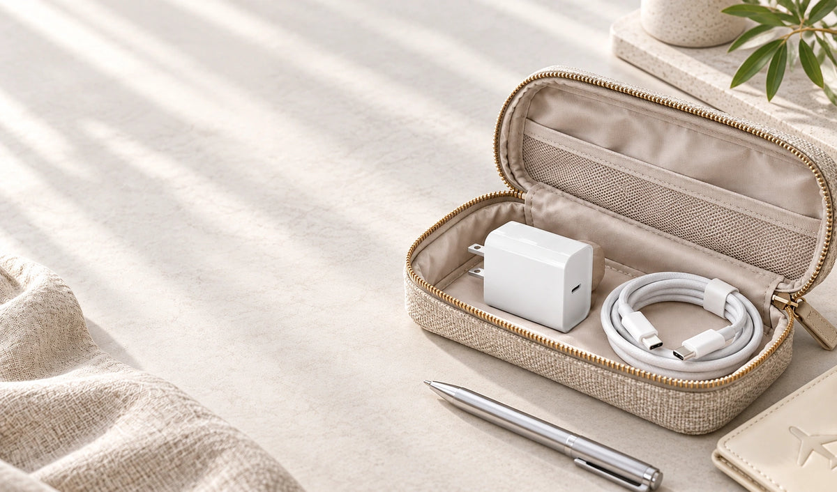 Small white USB-C adapter and braided cable packed together in a light fabric travel pouch.