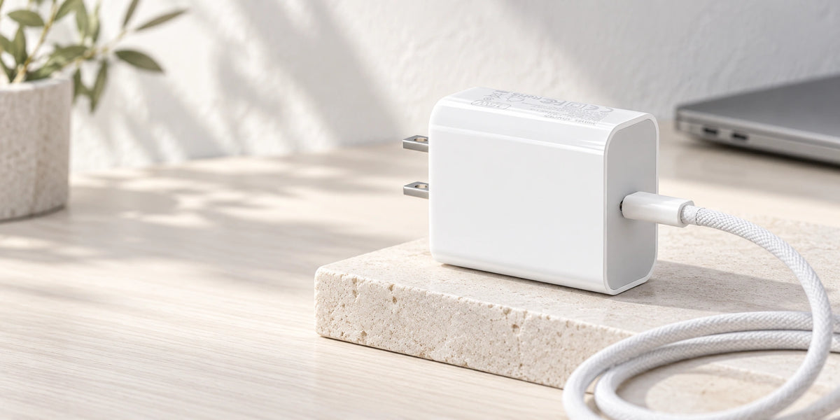 Compact white 45W USB-C adapter with two flat US plug blades and a connected white braided cable.