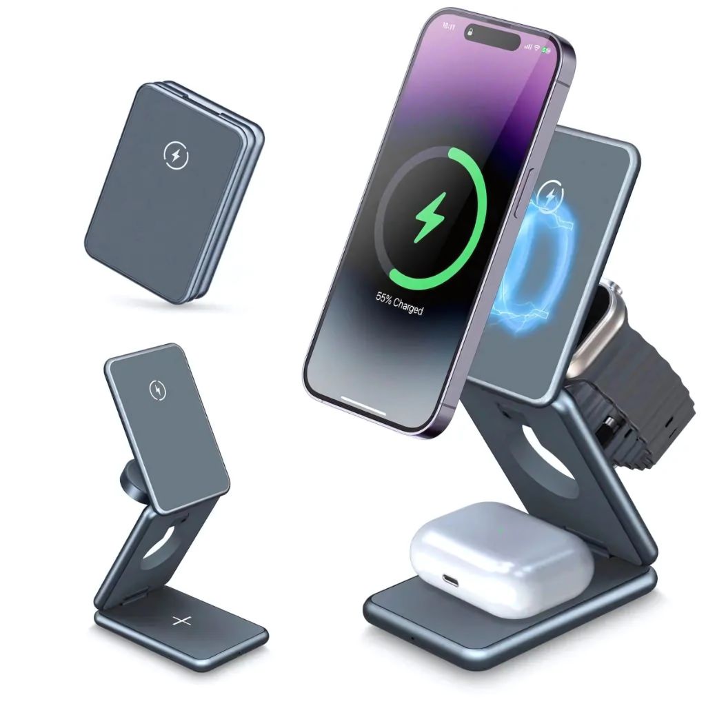 3-in-1 Foldable Wireless Charging Station for Apple iPhone 16 Pro Max, Apple Watch Ultra 2, and AirPods Pro by Evolved Chargers – Portable, MagSafe-Compatible, and Ideal for Travel.