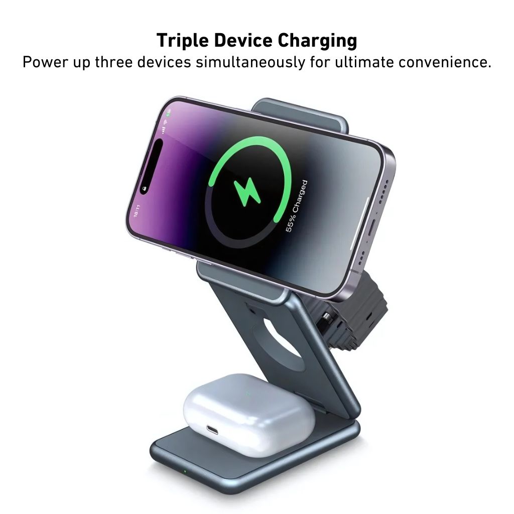 3-in-1 Foldable Wireless Charging Station for Apple iPhone 16 Pro Max, Apple Watch Ultra 2, and AirPods Pro by Evolved Chargers – Portable, MagSafe-Compatible, and Ideal for Travel.