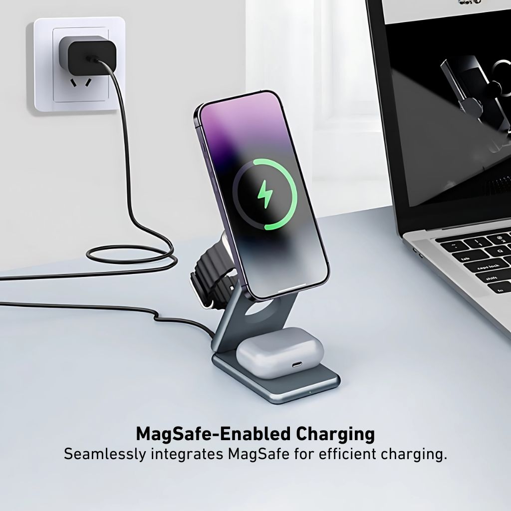 3-in-1 Foldable Wireless Charging Station for Apple iPhone 16 Pro Max, Apple Watch Ultra 2, and AirPods Pro by Evolved Chargers – Portable, MagSafe-Compatible, and Ideal for Travel.