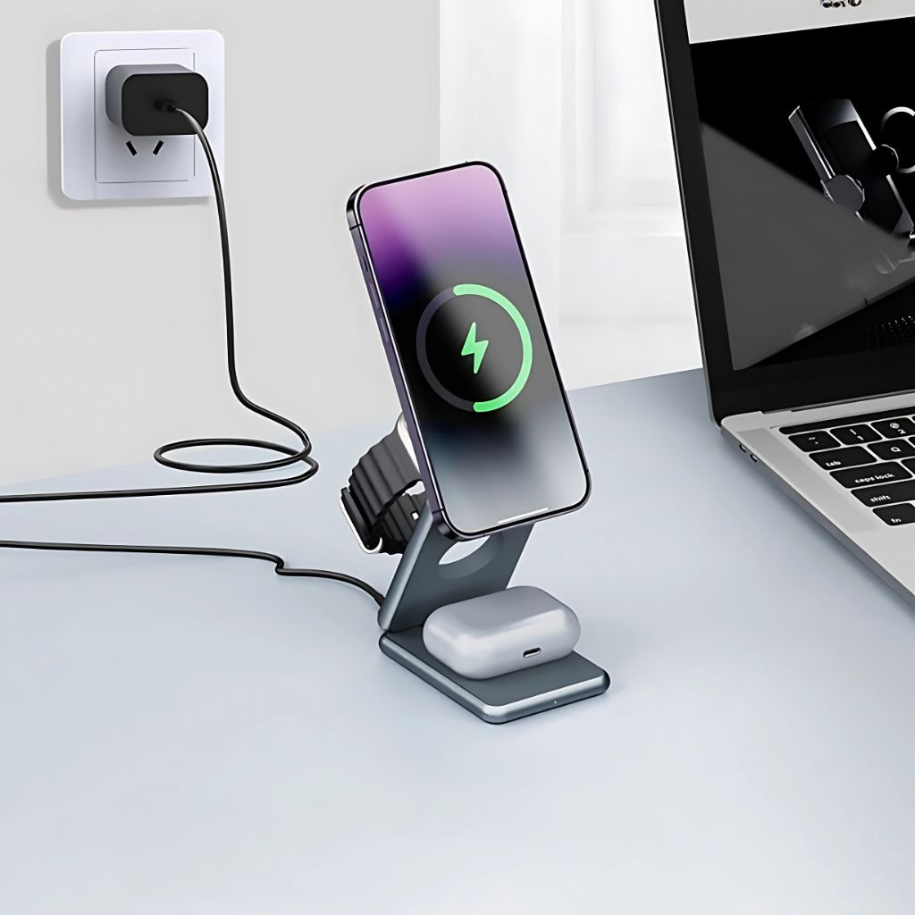 3-in-1 Foldable Wireless Charging Station for Apple iPhone 16 Pro Max, Apple Watch Ultra 2, and AirPods Pro by Evolved Chargers – Portable, MagSafe-Compatible, and Ideal for Travel.