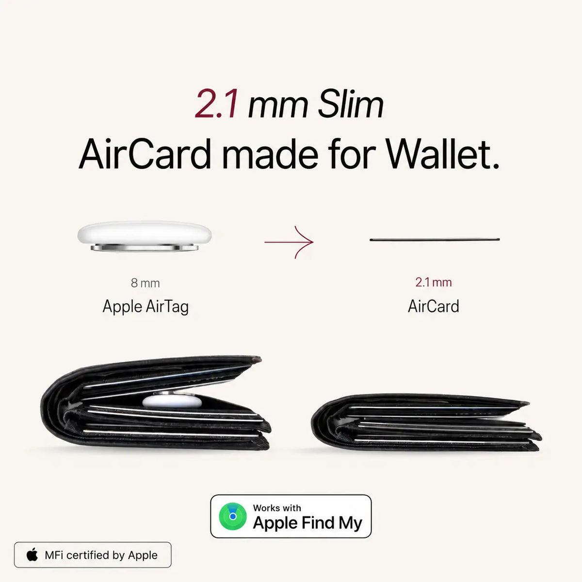AirCard 2.1 mm thickness compared with an Apple AirTag