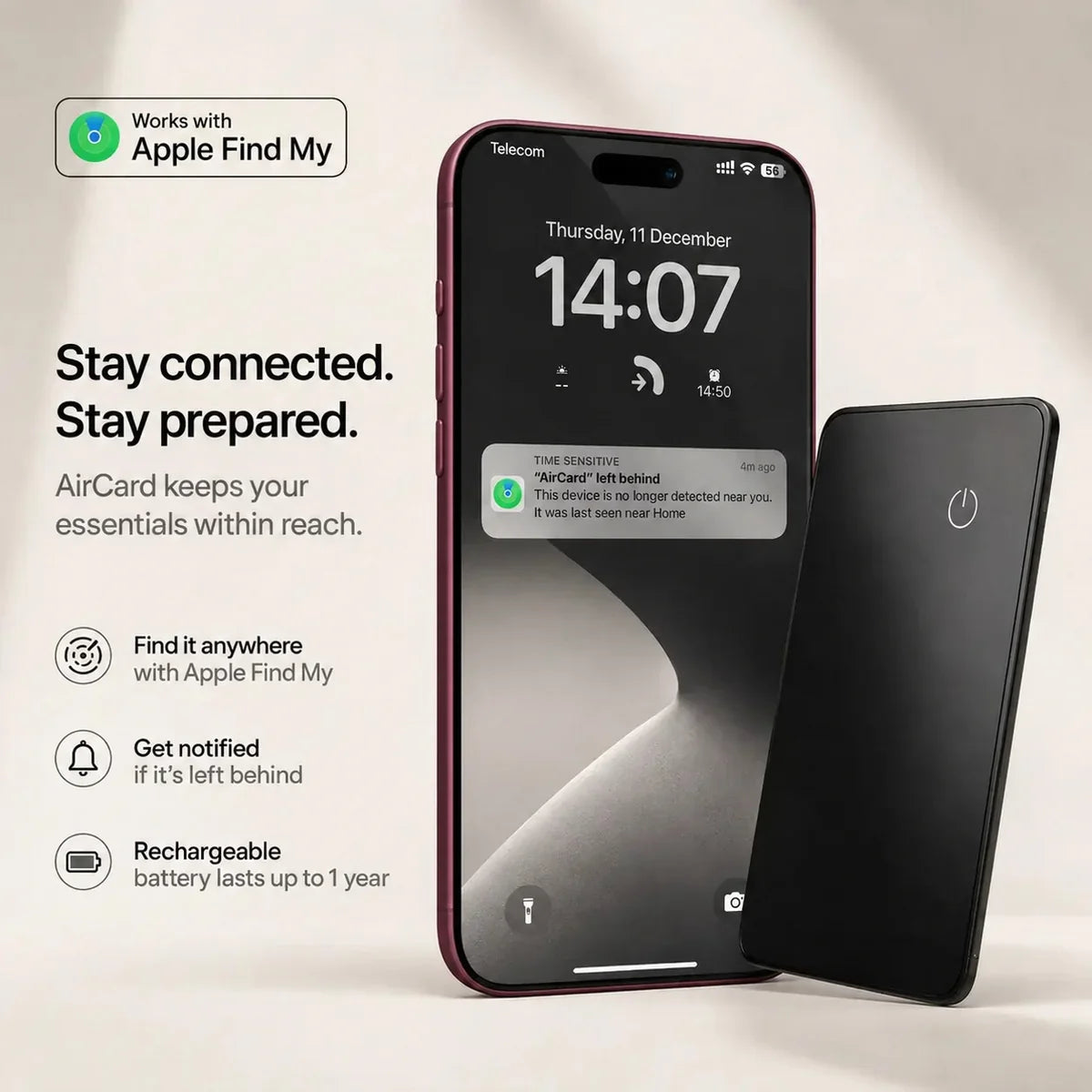 Black AirCard wallet tracker beside a Burgundy iPhone displaying a left-behind notification.