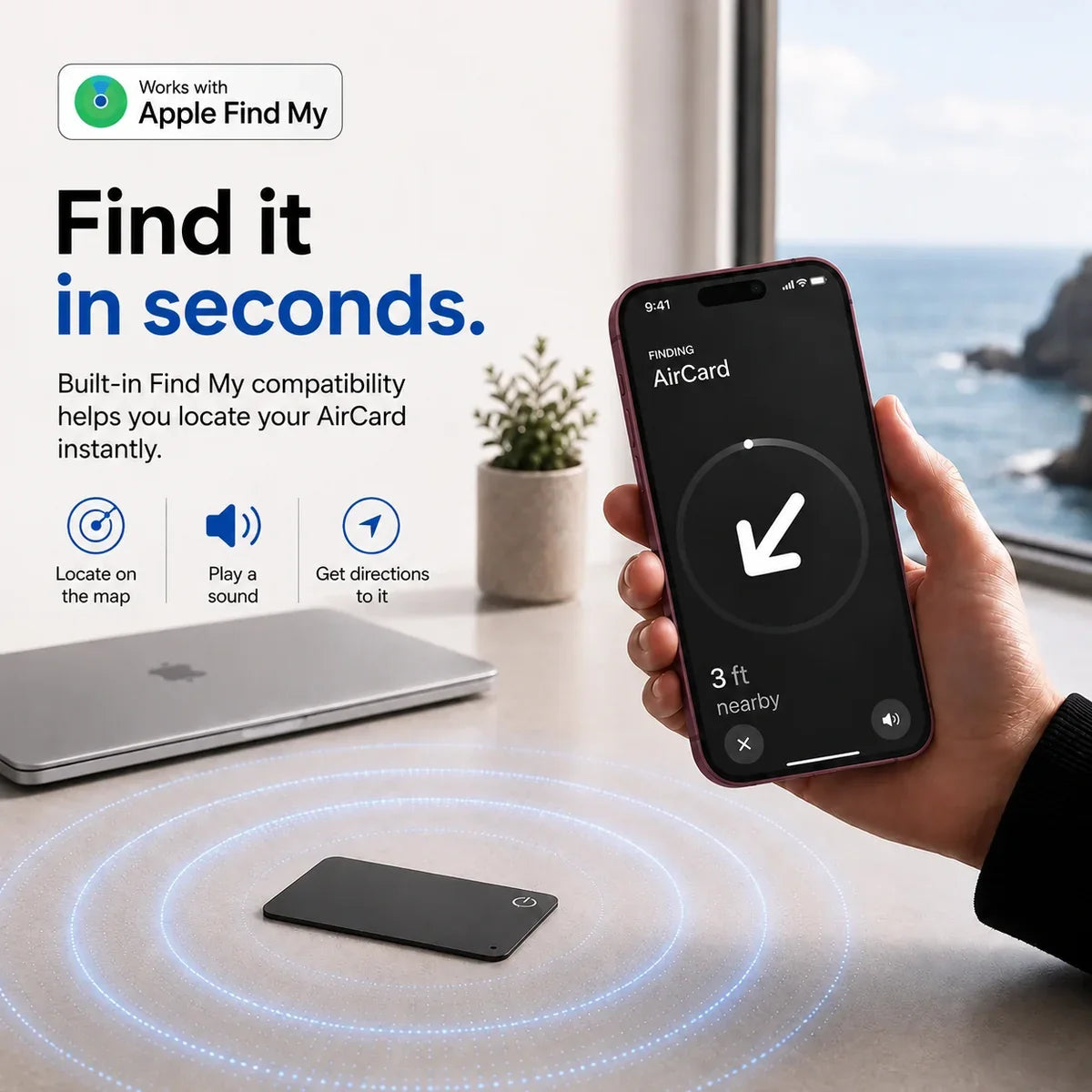 Black AirCard wallet tracker with a sound illustration and Burgundy iPhone showing the nearby finding screen.