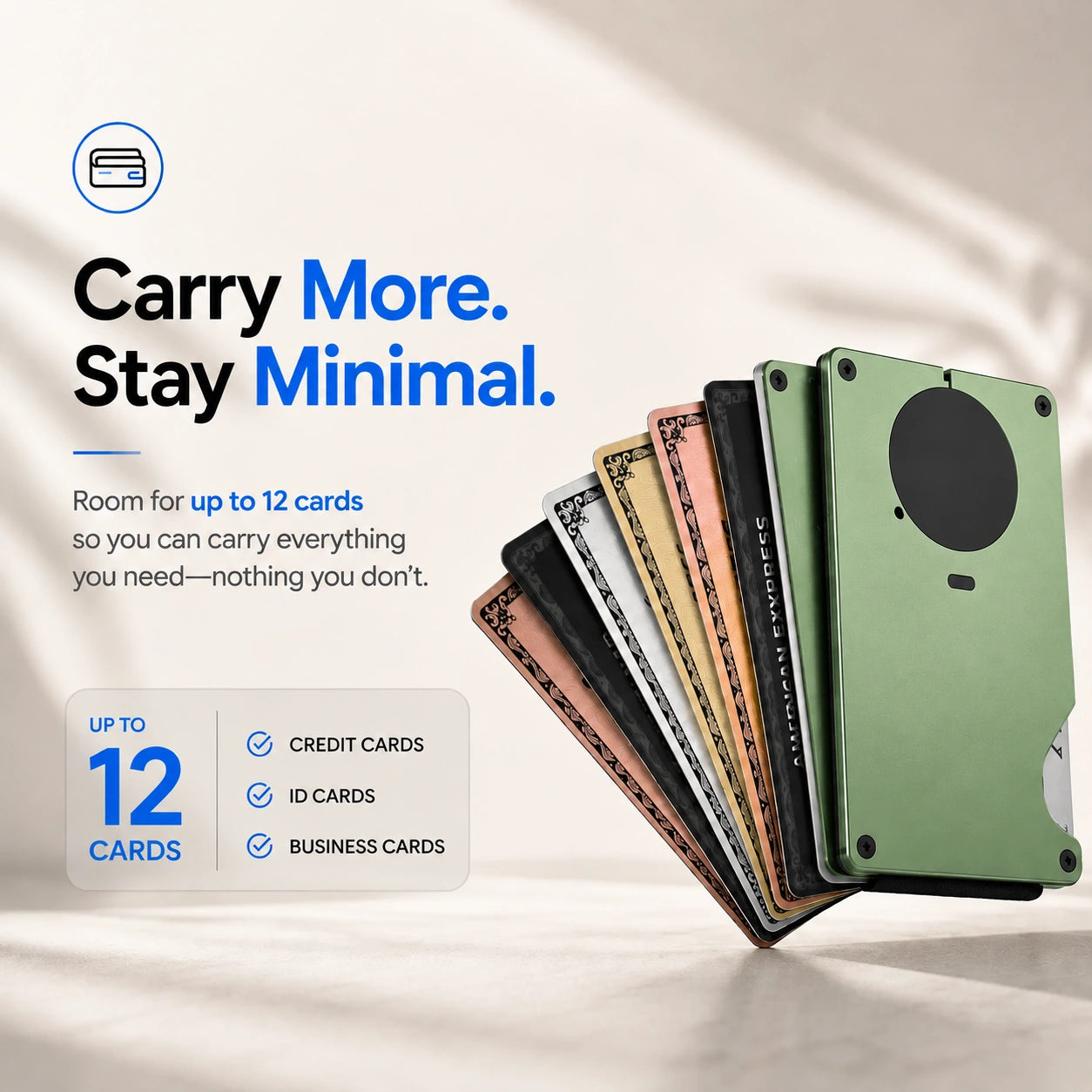 Arctic Green slim tracking card wallet with a fan of cards #color_Arctic Green