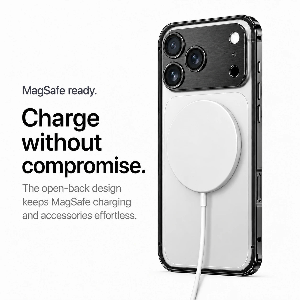 Black aluminum frame phone case with a white wireless charging puck #color_Midnight Black
