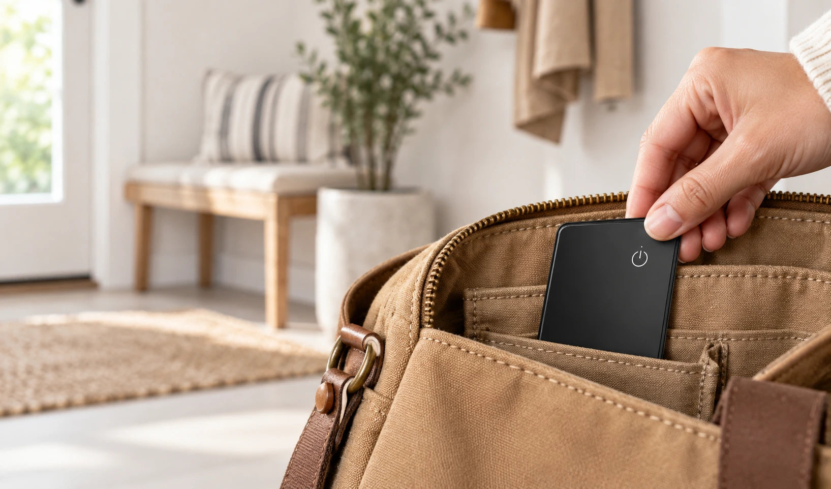 Black tracker card being tucked into the inner pocket of a canvas bag.