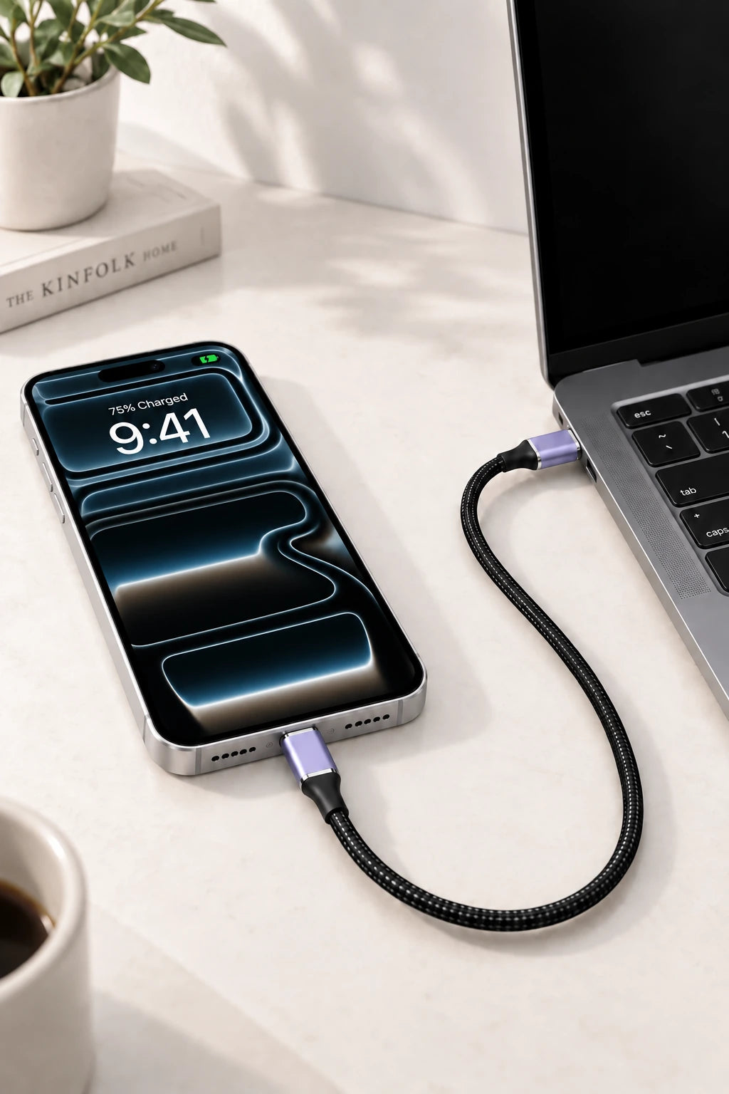 Black USB-C cable connecting a phone and a laptop.
