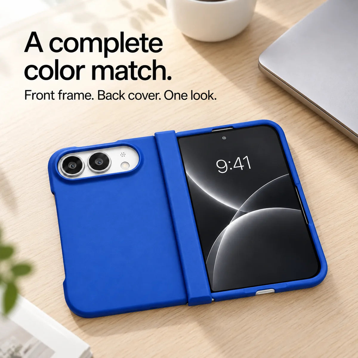 Blue matte iPhone Ultra case open flat on a desk, showing coordinated front and back covers. #color_Cobalt Blue