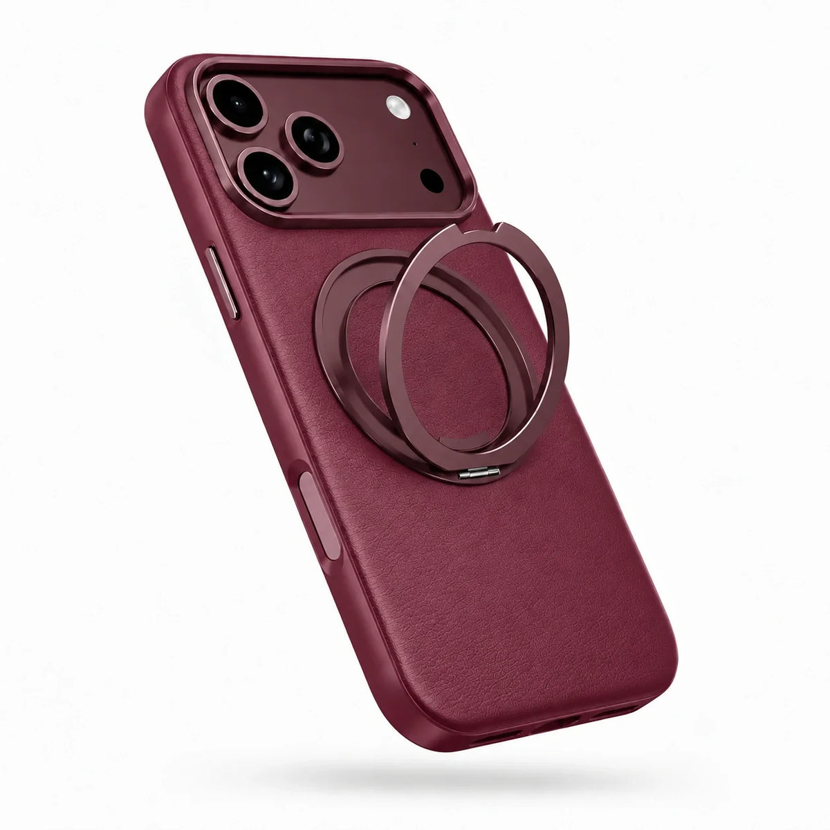 Burgundy leather-finish phone case with the ring stand open #color_Burgundy