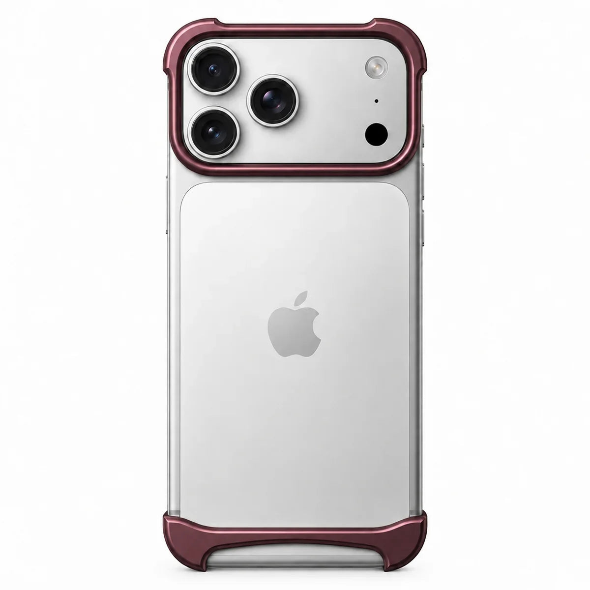 Burgundy two-piece metal phone bumper with exposed phone back on a white background #color_Burgundy