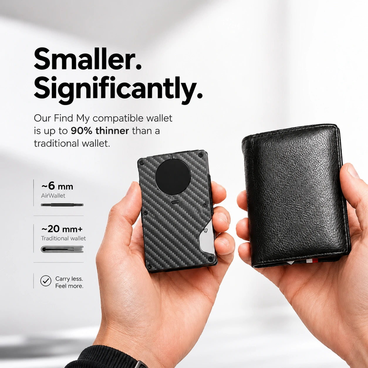 Carbon Weave slim tracking card wallet compared with a traditional wallet #color_Carbon Weave