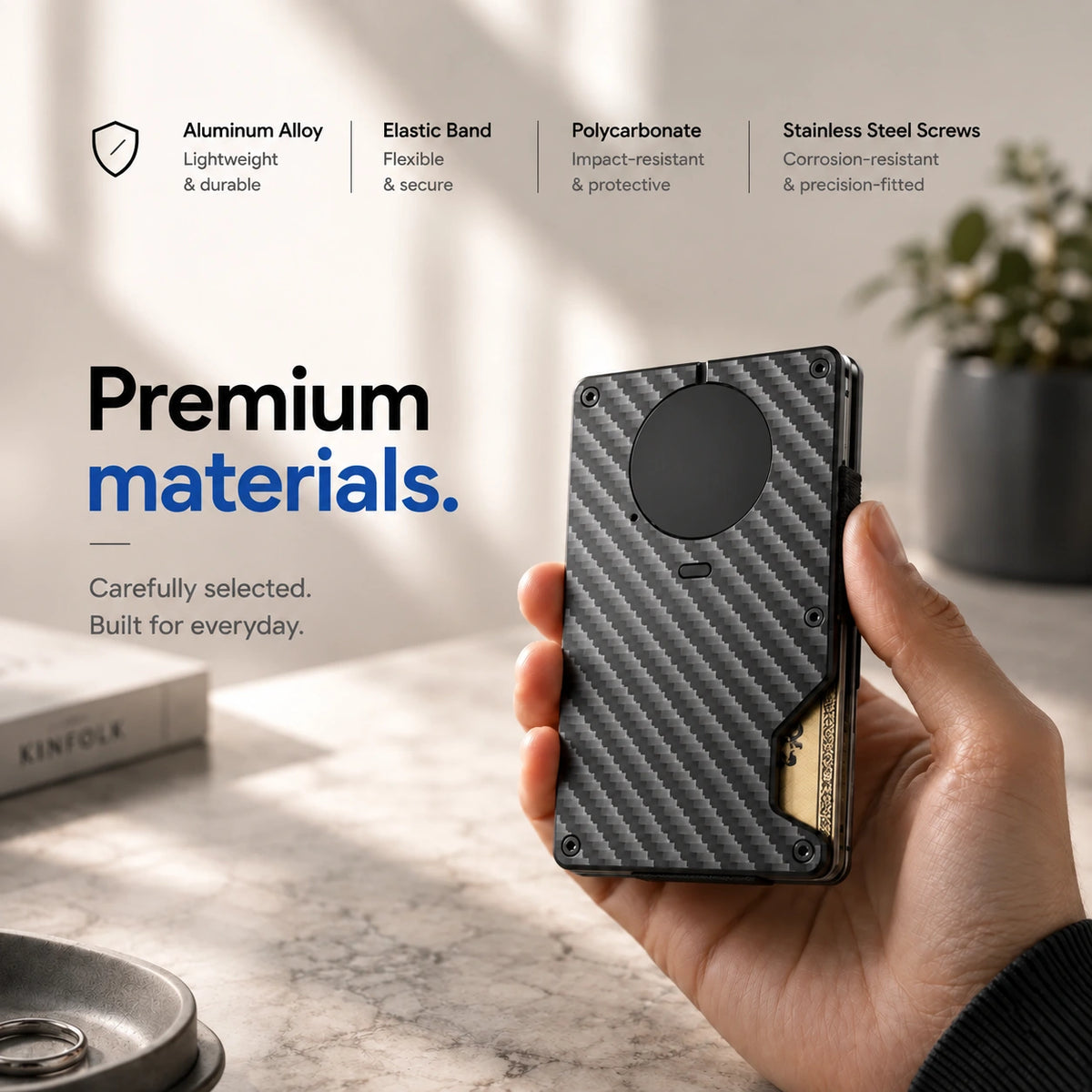Carbon Weave slim tracking card wallet showing its materials #color_Carbon Weave