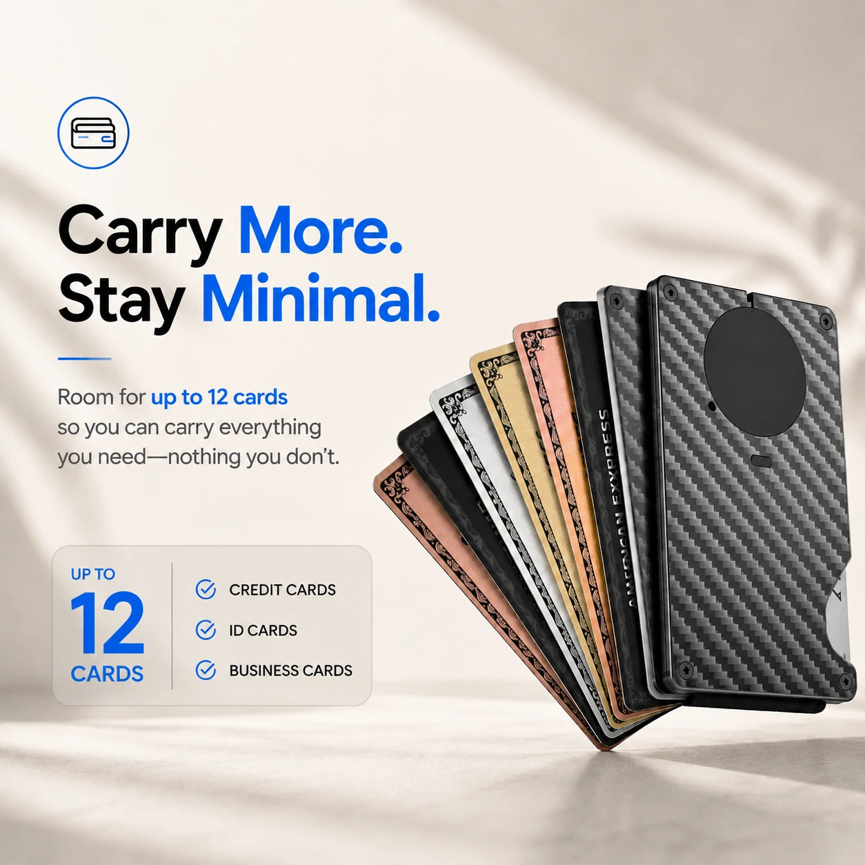 Carbon Weave slim tracking card wallet with a fan of cards #color_Carbon Weave