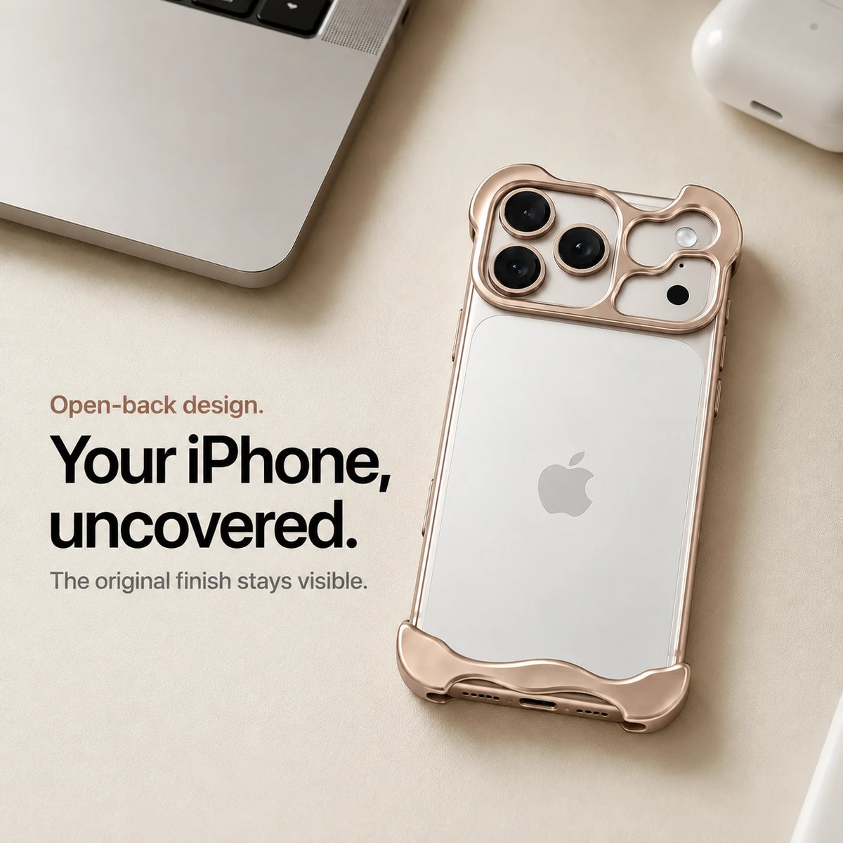 Champagne gold sculpted metal phone case on a desk showing the open back #color_Champagne Gold