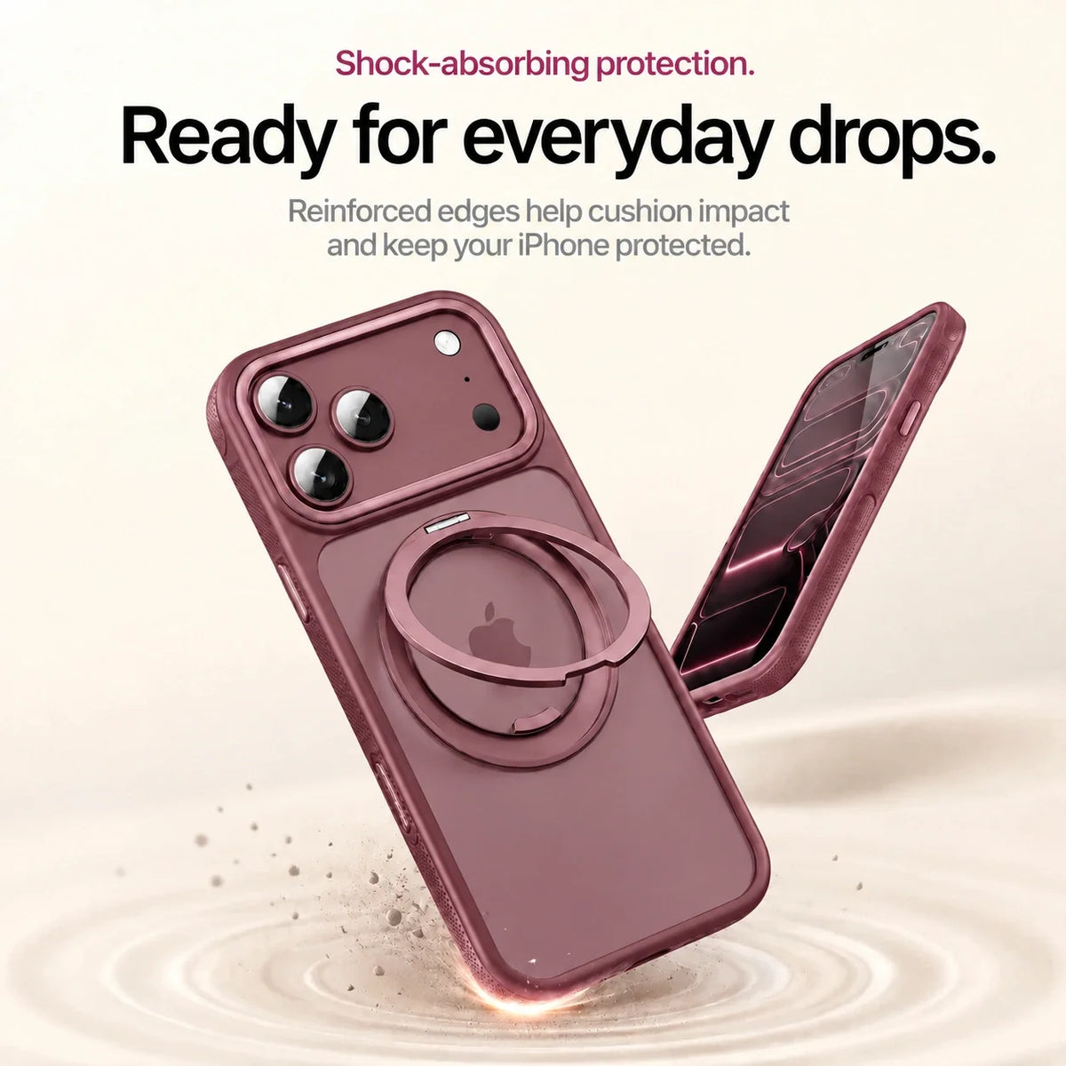 Burgundy clear phone case illustrating protective edges during a drop #color_Burgundy
