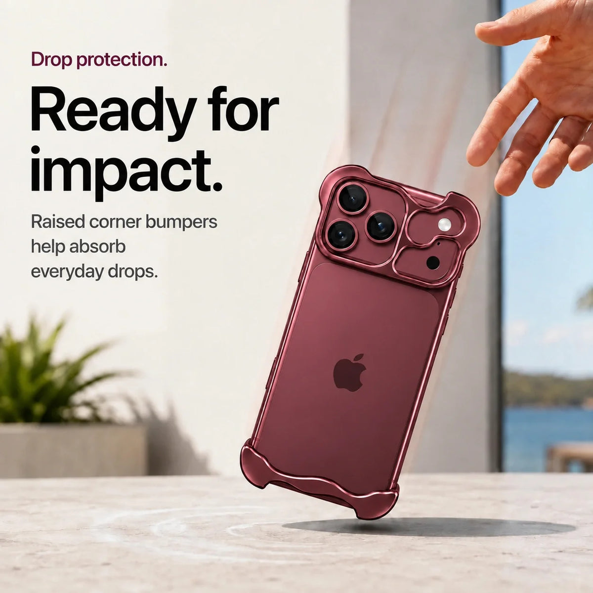Burgundy sculpted metal phone case illustrating raised corner protection #color_Burgundy