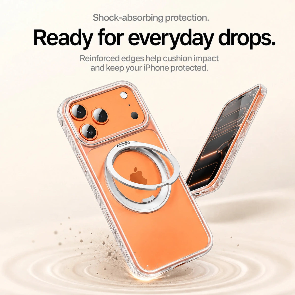 Clear magnetic phone cases shown from the front and rear during a corner protection demonstration #color_Transparent