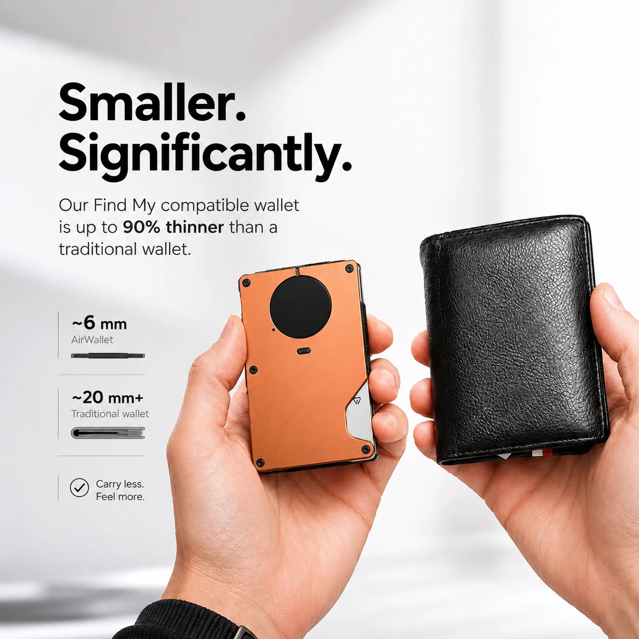 Cosmic Orange slim tracking card wallet compared with a traditional wallet #color_Cosmic Orange