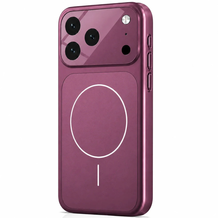 Burgundy magnetic phone case with a matte back and raised camera cover on a white background