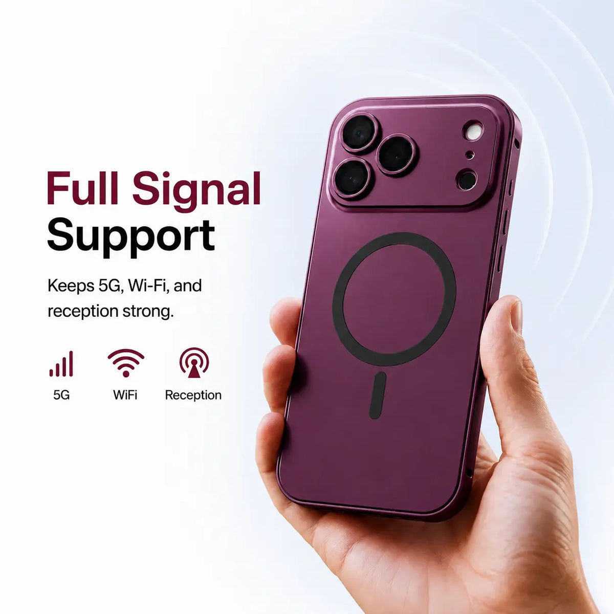 Burgundy metal magnetic phone case held upright with illustrated signal icons #color_Burgundy