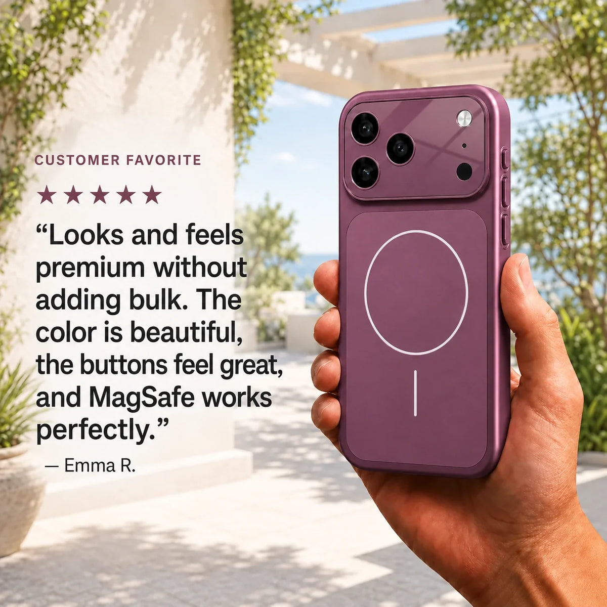 Burgundy slim protective phone case held on a sunny patio beside customer feedback #color_Burgundy
