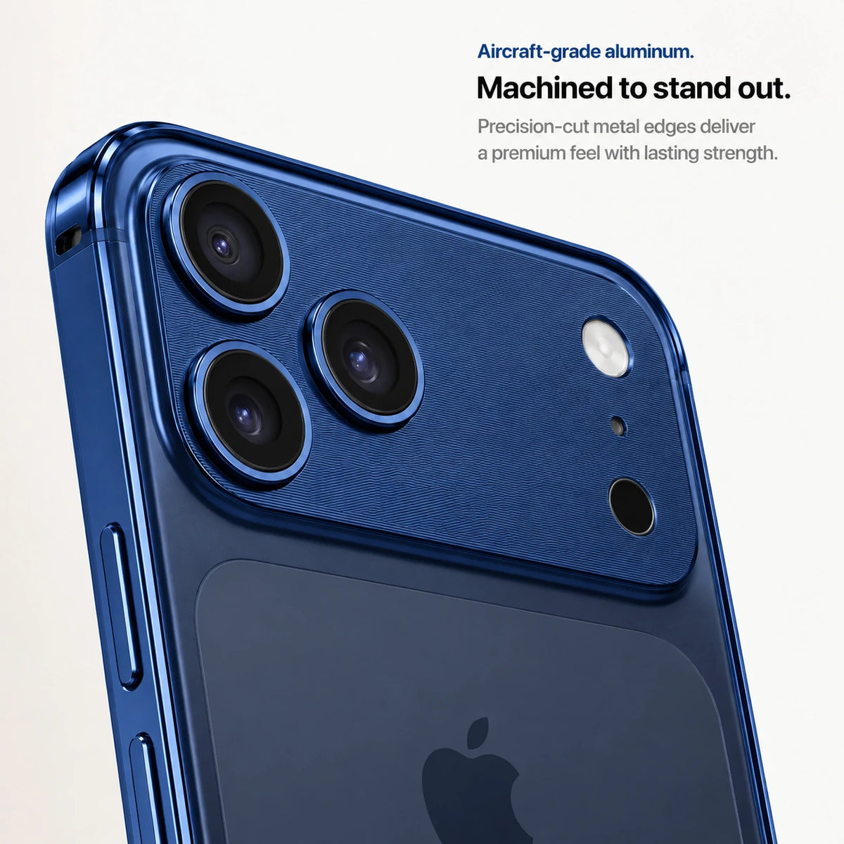 Deep blue aluminum frame phone case showing the machined camera guard and metal frame #color_Deep Blue