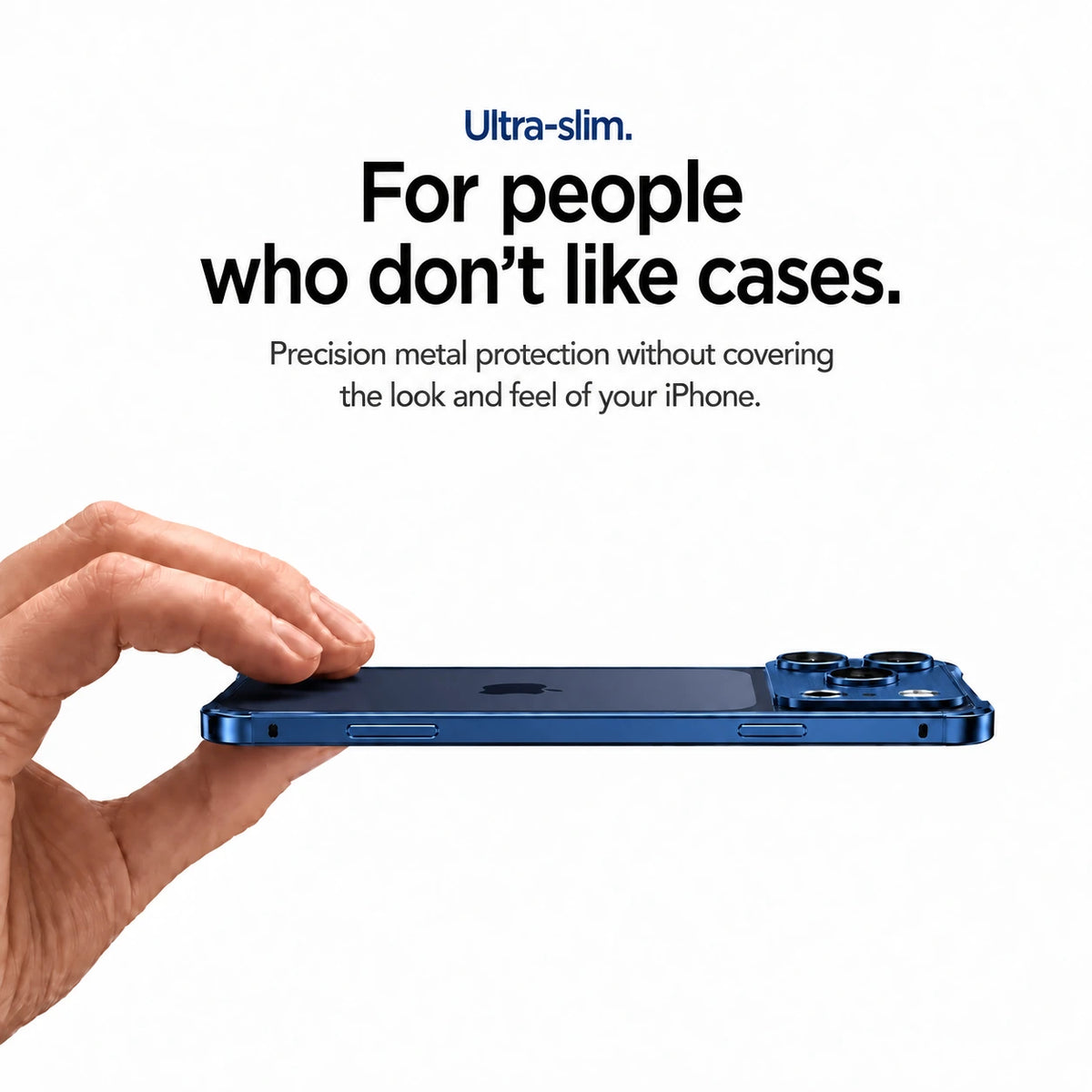 Deep blue aluminum frame phone case held sideways showing its slim profile #color_Deep Blue