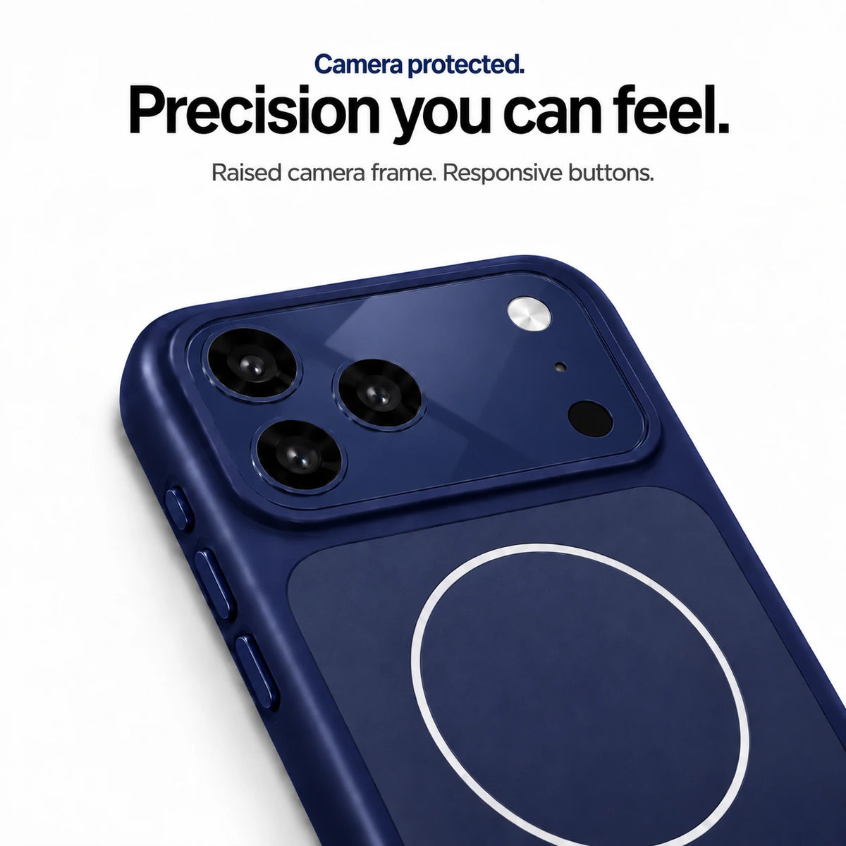 Deep blue protective phone case close-up showing the raised camera frame and side buttons #color_Deep Blue