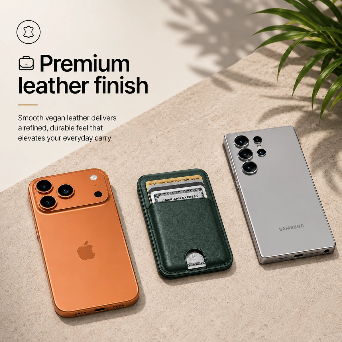 Emerald Green magnetic wallet and cards between a Burgundy iPhone and a silver Samsung phone. #color_Emerald Green