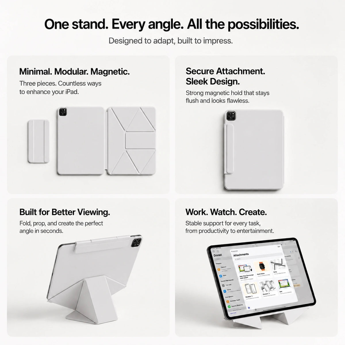 Frost Gray folding magnetic tablet stand showing modular stand components #color_Frost Gray