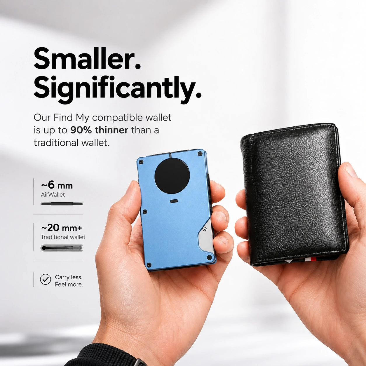 Glacier Blue slim tracking card wallet compared with a traditional wallet #color_Glacier Blue