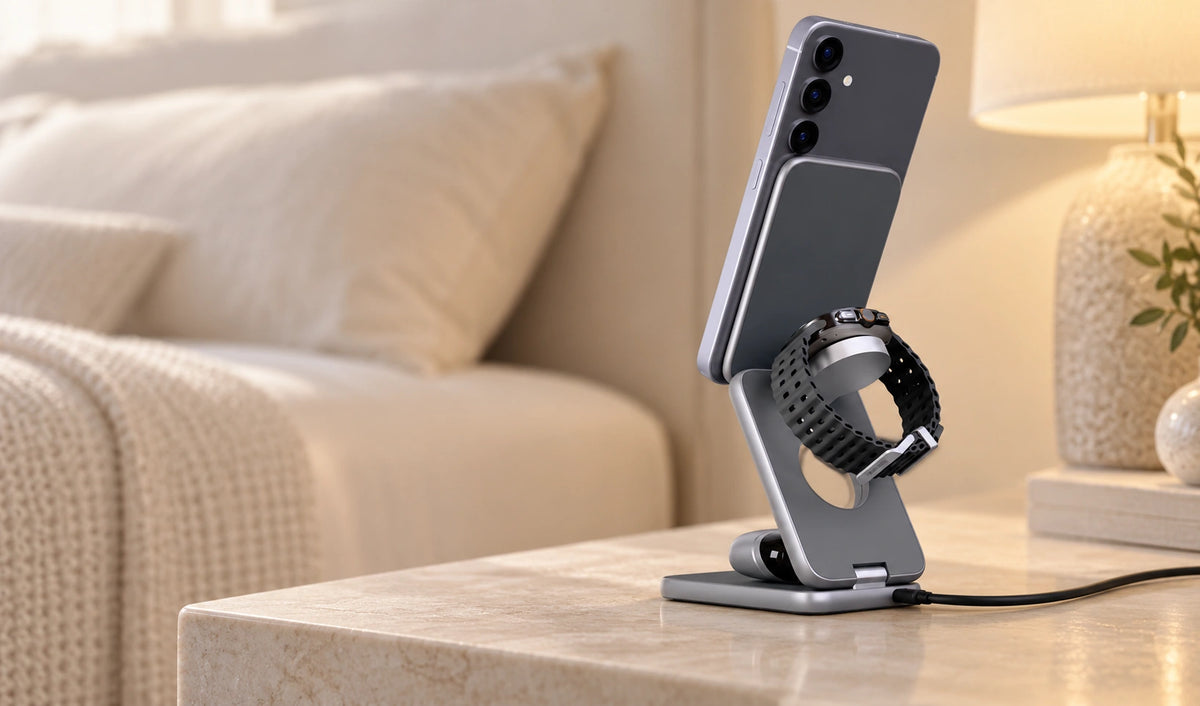 Rear view of a phone and watch on the folding charger beside a softly lit bed.