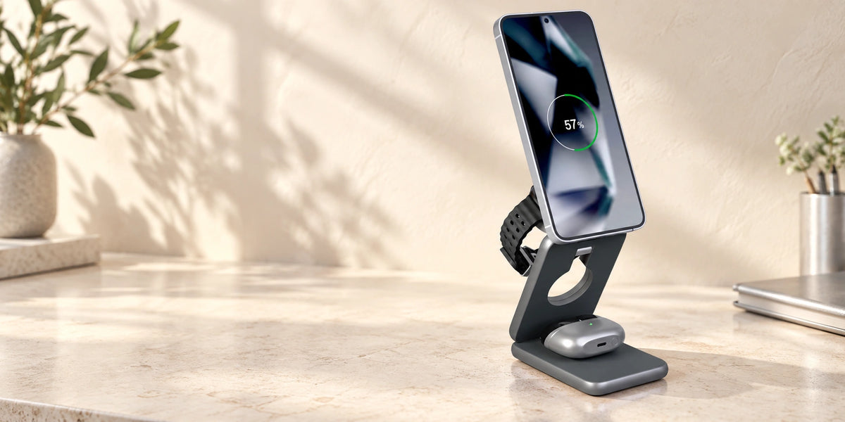 Gray folding charger holding a phone, round watch and silver earbud case on a pale stone desk.