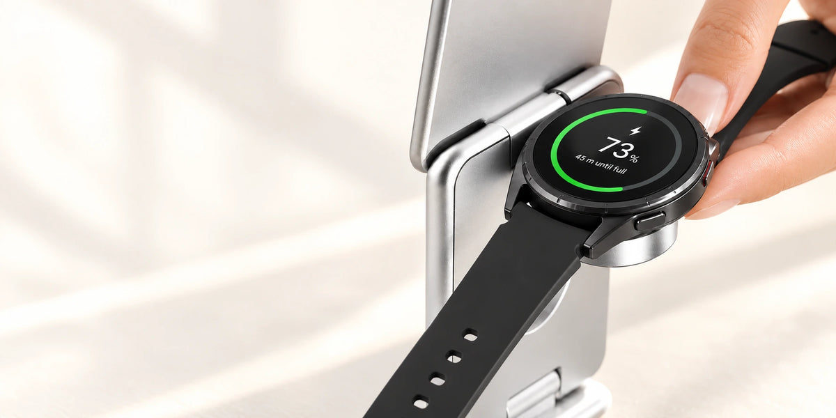 A round watch resting on the dedicated rear charging puck of the folding stand.