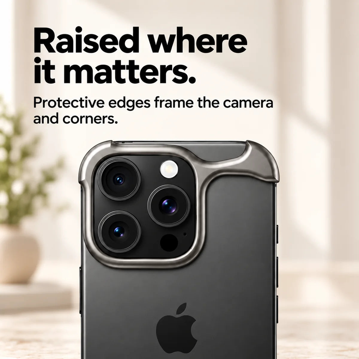 Gray two-piece metal phone bumper framing the camera and upper corners #color_Gray