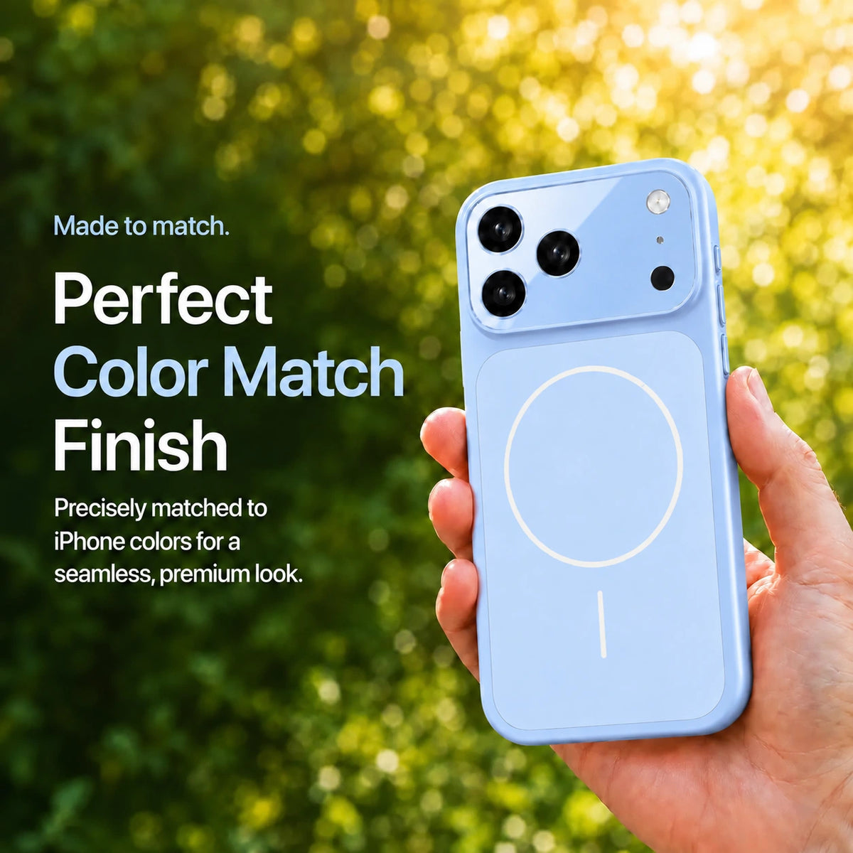 Glacier matte magnetic phone case held outdoors against sunlit green foliage #color_Glacier