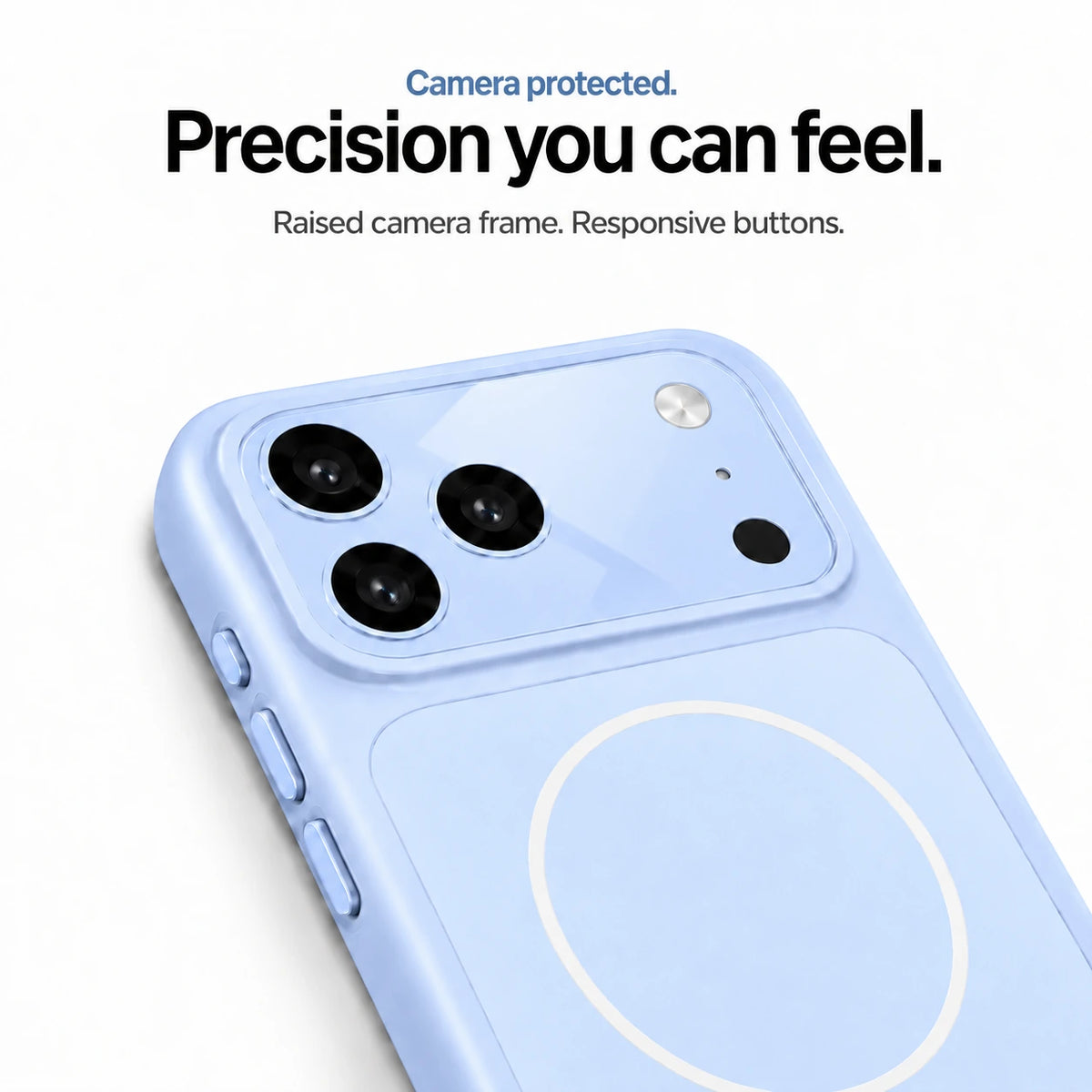 Glacier protective phone case close-up showing the raised camera frame and side buttons #color_Glacier