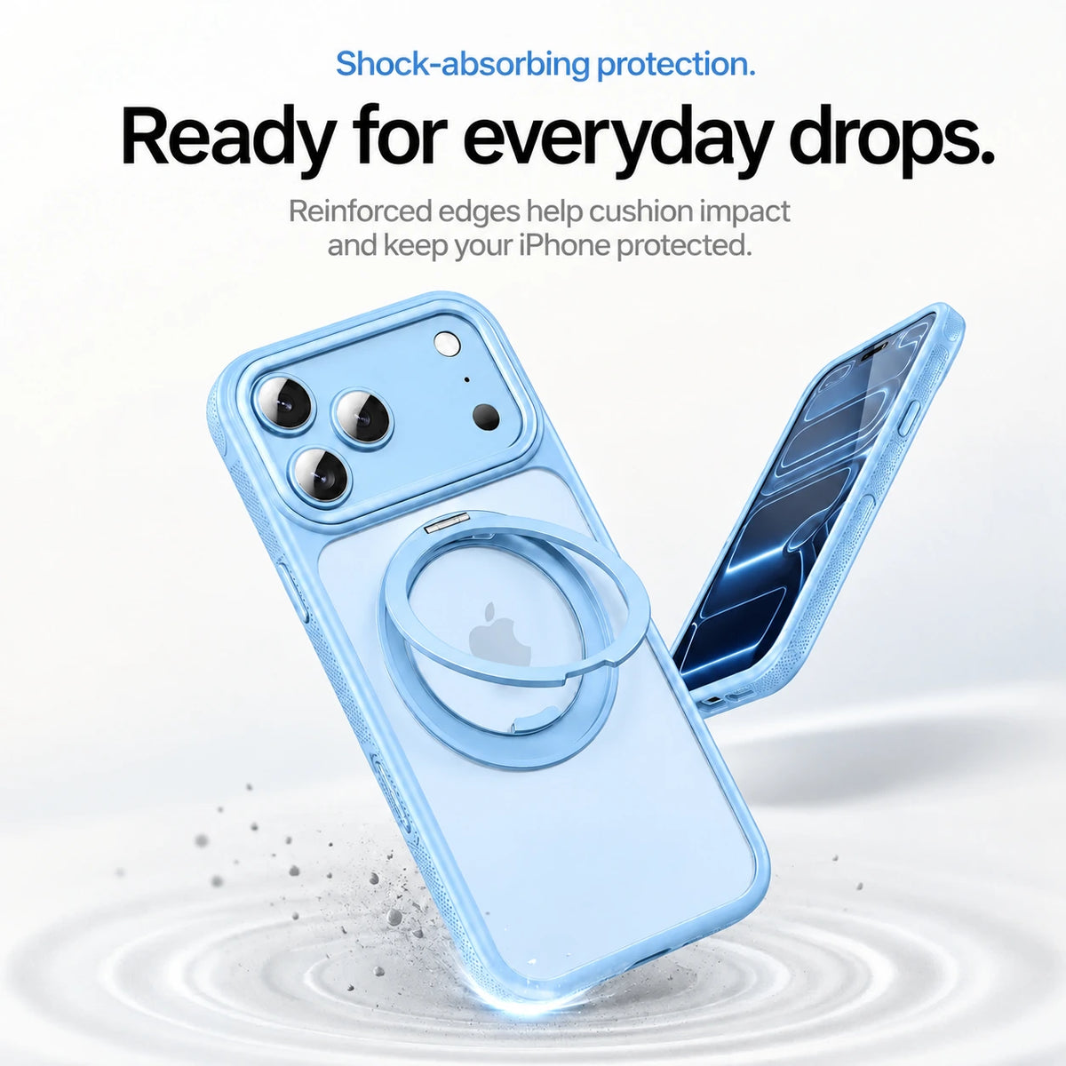 Glacier magnetic phone cases shown from the front and rear during a corner protection demonstration #color_Glacier