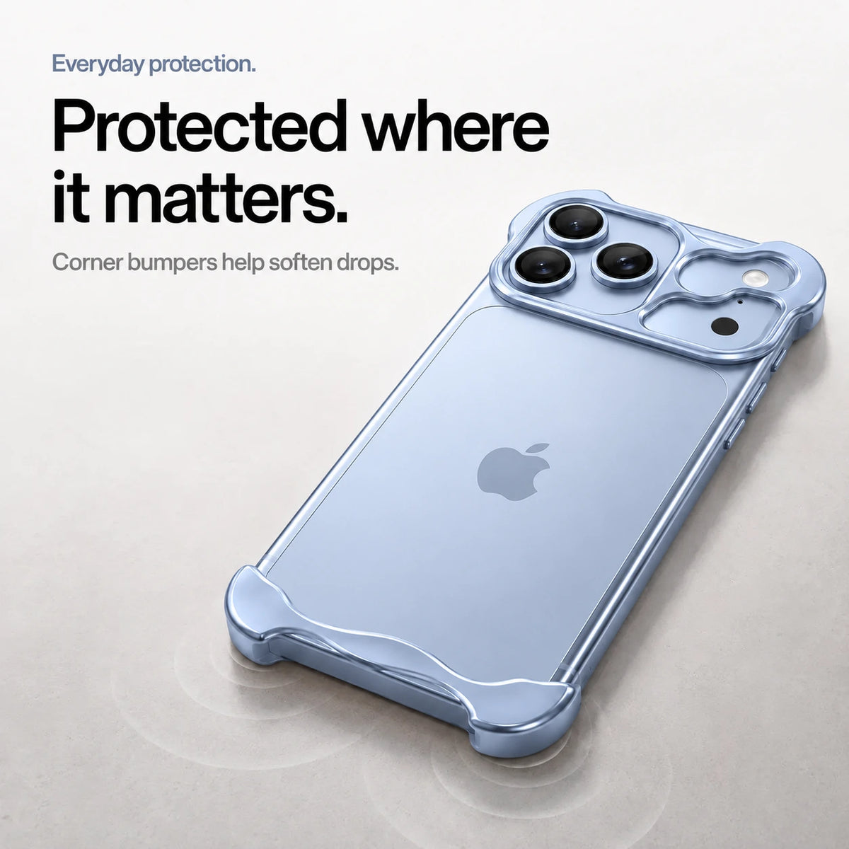 Glacier sculpted metal phone case on a desk showing its protective corner bumpers #color_Glacier