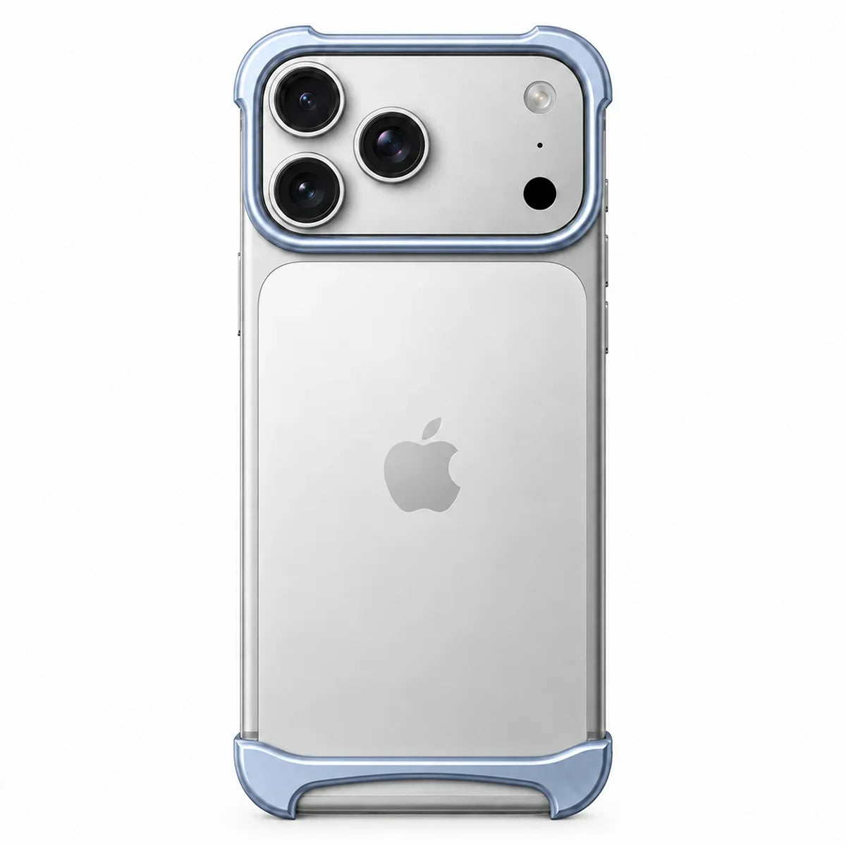 Light blue two-piece metal phone bumper with exposed phone back on a white background #color_Glacier