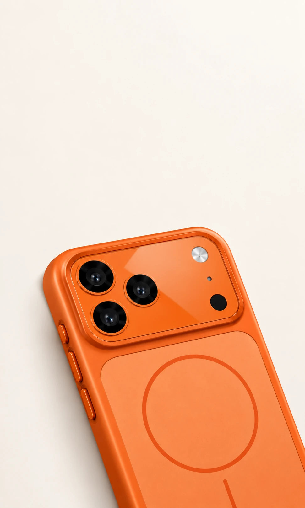Raised orange frame around the three-lens camera cover on a hard-shell phone case.