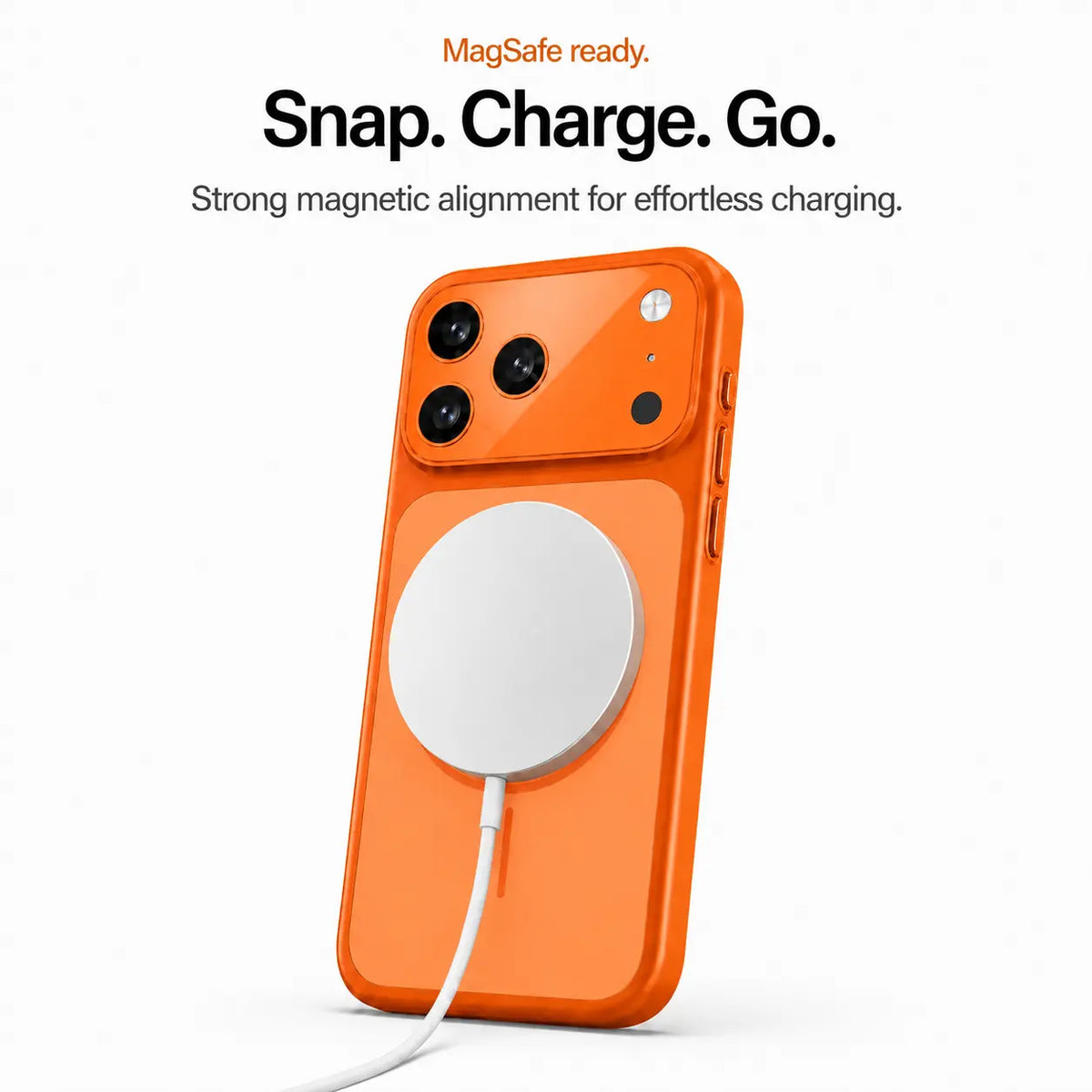 Orange magnetic phone case with an attached round wireless charger and white cable #color_Cosmic Orange